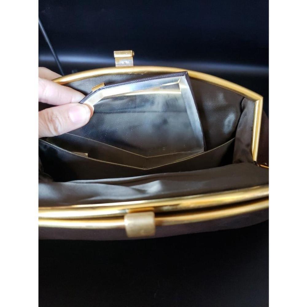 Vintage Dark Brown Velvet Gold Trim Block Wristlet strap Bag Purse w/ mirror! - Picture 7 of 14